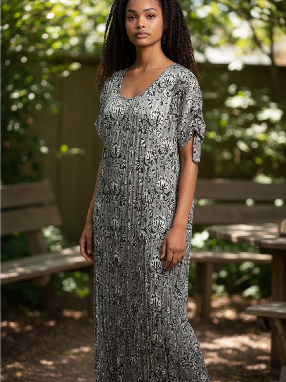 Woman Within Black and Gray Floral-Print  Maxi Dress